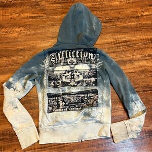 Affliction "HOUSE OF JEALOUS SOULS" Womens S Sweatshirt Hoodie Skull Blue Zip Up